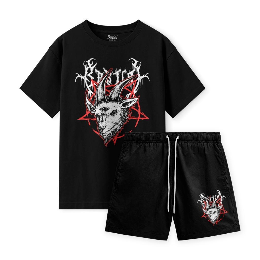 Camiseta Básica Kit Conjunto Bermuda Tactel Streetwear Baphomet Pentagrama Bestial Tamanhos e Cores Disponíveis