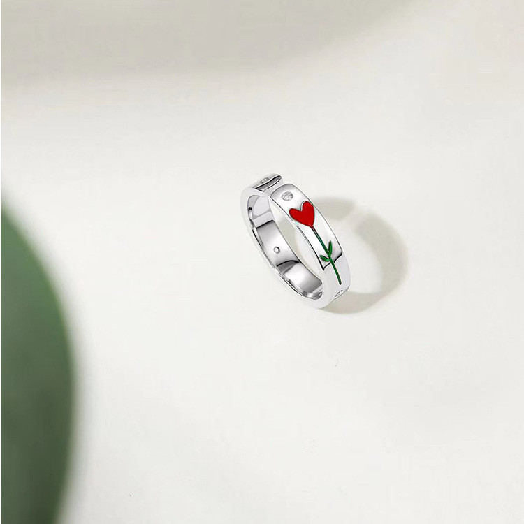 Anel Aberto Feminino em Forma de Coração com Flor, Design Exclusivo Novo Modelo, Estilo Simples, Suave e Elegante, Prese