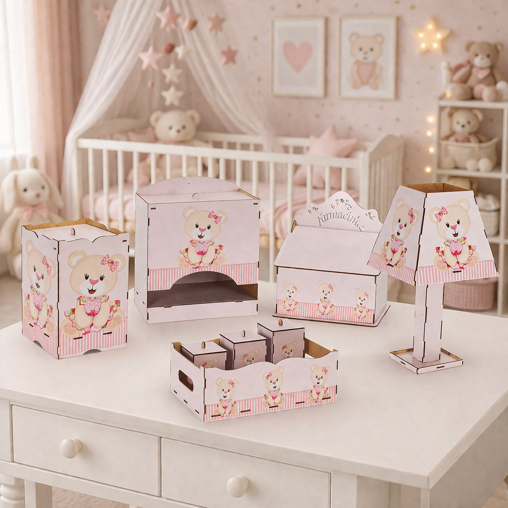 Kit Higiene Bebê 8 Pç Mdf Mult uso adesivado novidade Pronta Entrega promoção