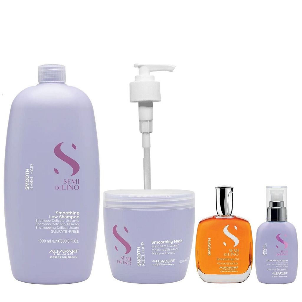 Kit Alfaparf Semi Di Lino Smooth Smoothing - Shampoo 1L + Máscara 500ml + Óleo 100ml + Cream Leave-In 125ml + Válvula