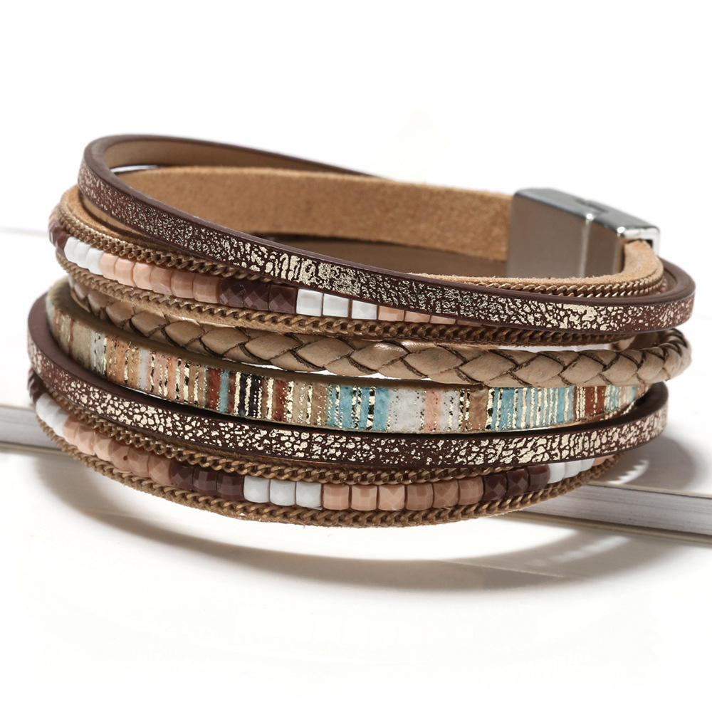 Pulseira Boho Multicamadas De Couro , Boêmia Trançada Feita À Mão Com Fecho Magnético , Joias Étnicas Da Moda Para Mulhe — imagem 2 de 2