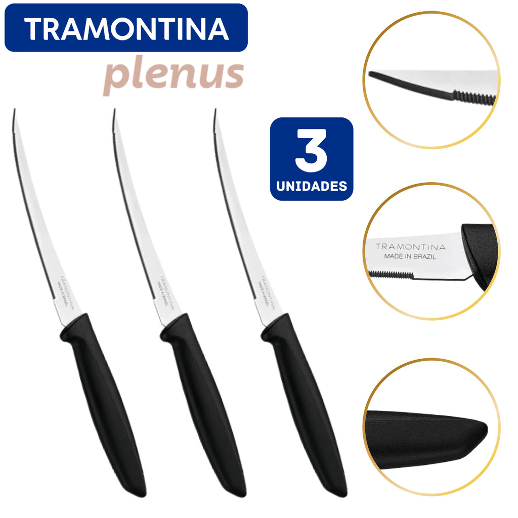 Kit Faca Tramontina Tomate 3 Unidades Lâmina Aço Inox Preto