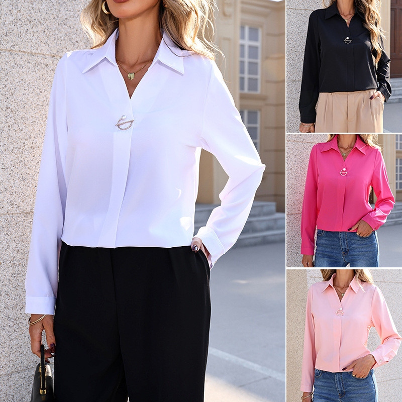 Camisa feminina camisa branca feminina de manga comprida All-Match moda elegante cor sólida blusa com decote em V