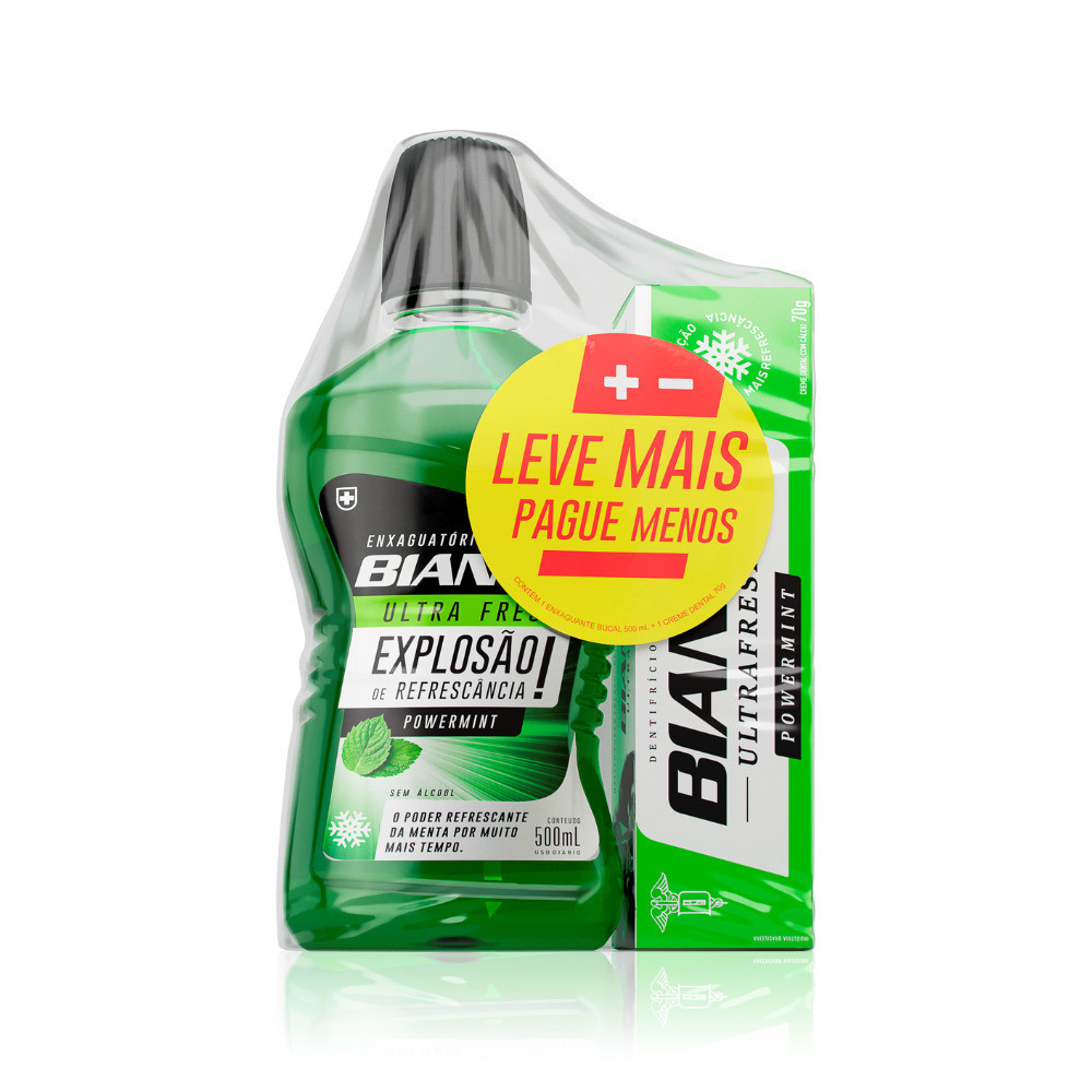 Combo Enxaguante Bucal sem Álcool 500ml  + Creme Dental 70g Menta Bianco Powemint