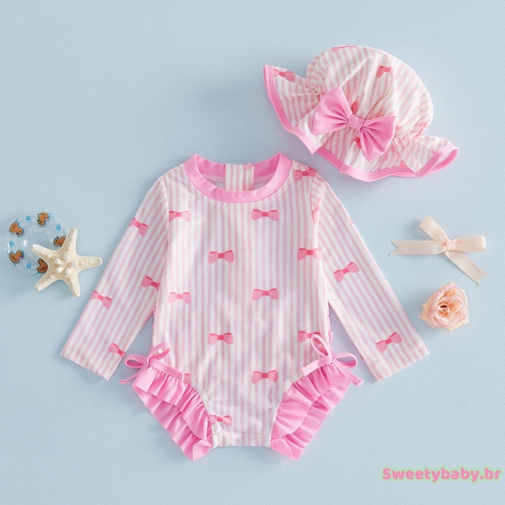 [CoRn] Maiô Infantil Feminino Com Proteção Contra Queimaduras E Laço Listrado Babados Manga Comprida Conjunto De Chapéu