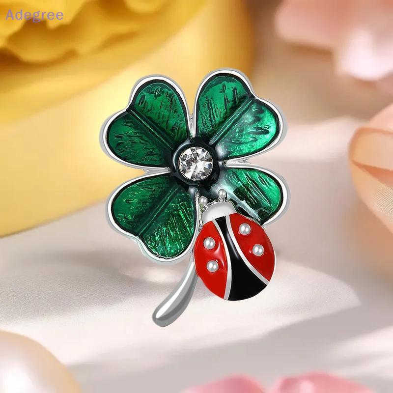 Adegree Moda Esmalte Joaninha Quatro Folhas Trevo Broches Para Mulheres Unissex 2 Cores Grama E Besouro Broche Pinos Pre