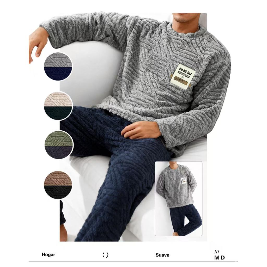 Conjunto Pijama Masculino Peluciado Inverno Manga Longa Com Calça Roupa De Dormir Quente Macio Confortável