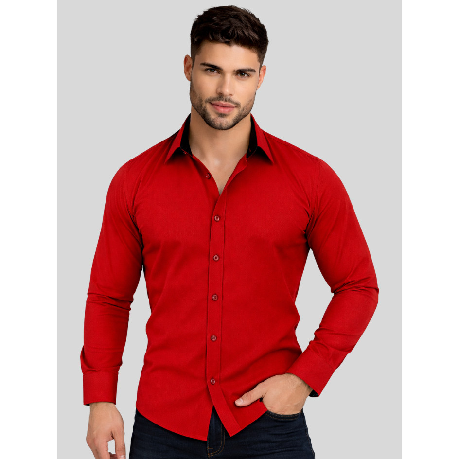 Camisa Social Masculina Vermelha Slim Tricoline Premium Elegante Conforto Manga Longa