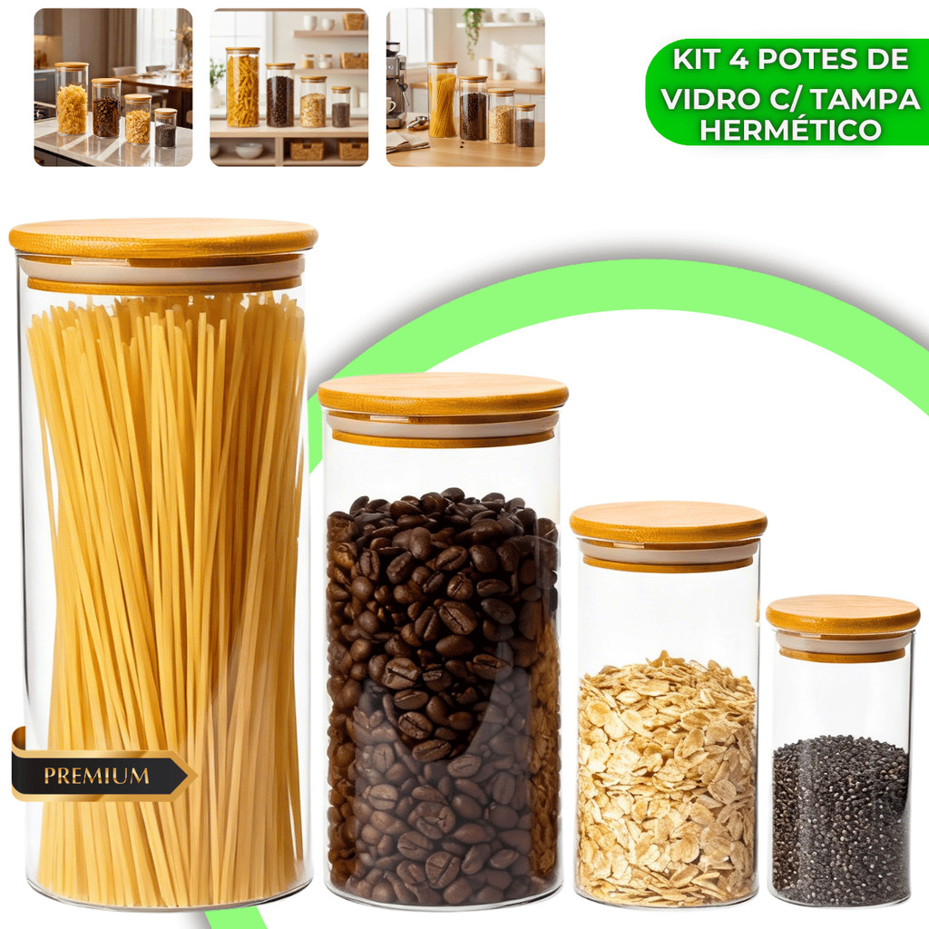 Conjunto 4 Potes De Vidro Herméticos Tampa Bambu Organizador Jogo Porta Mantimento Cereais Cozinha
