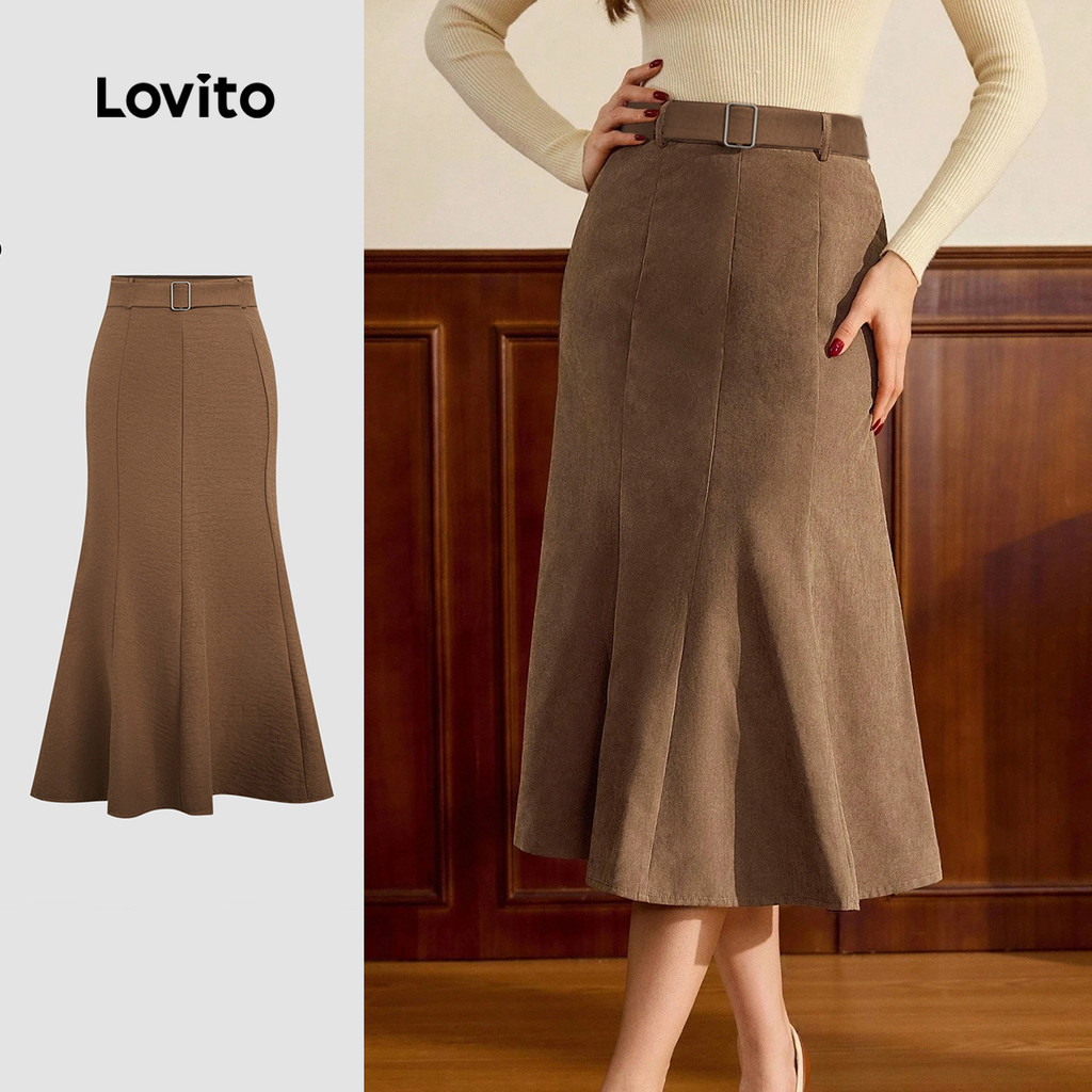 Lovito Midi Saias Elegantes com Cinto e Zíper Marrom Primavera/verão para Mulher