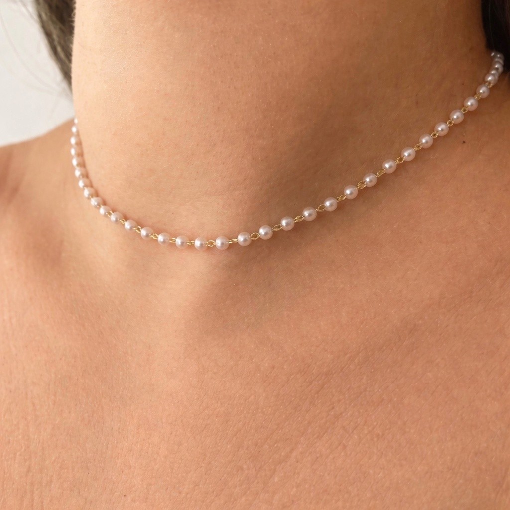 Colar Choker de Pérolas Feminina Banhado a Ouro 18k Prata Delicada Elegante Ajustável Presente Mãe