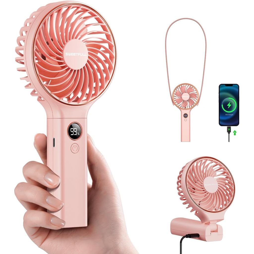 SWEETFULL Handheld Portable Fan, 5000mAh Rechargeable Battery, 6 Speed Wind, LED Digital Display, Foldable Electric Pers