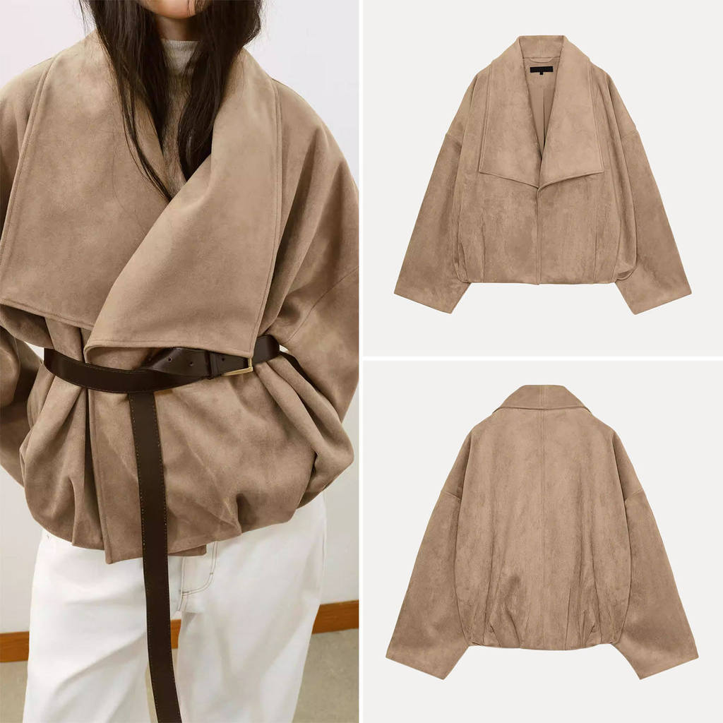 ZA Jaqueta feminina nova estilo primavera camurça textura efeito enrolado 4344151