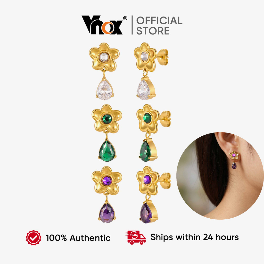 Brincos De Zircão Floral De Aço Inoxidável Dourado Vnox , Joias Elegantes Para Mulheres