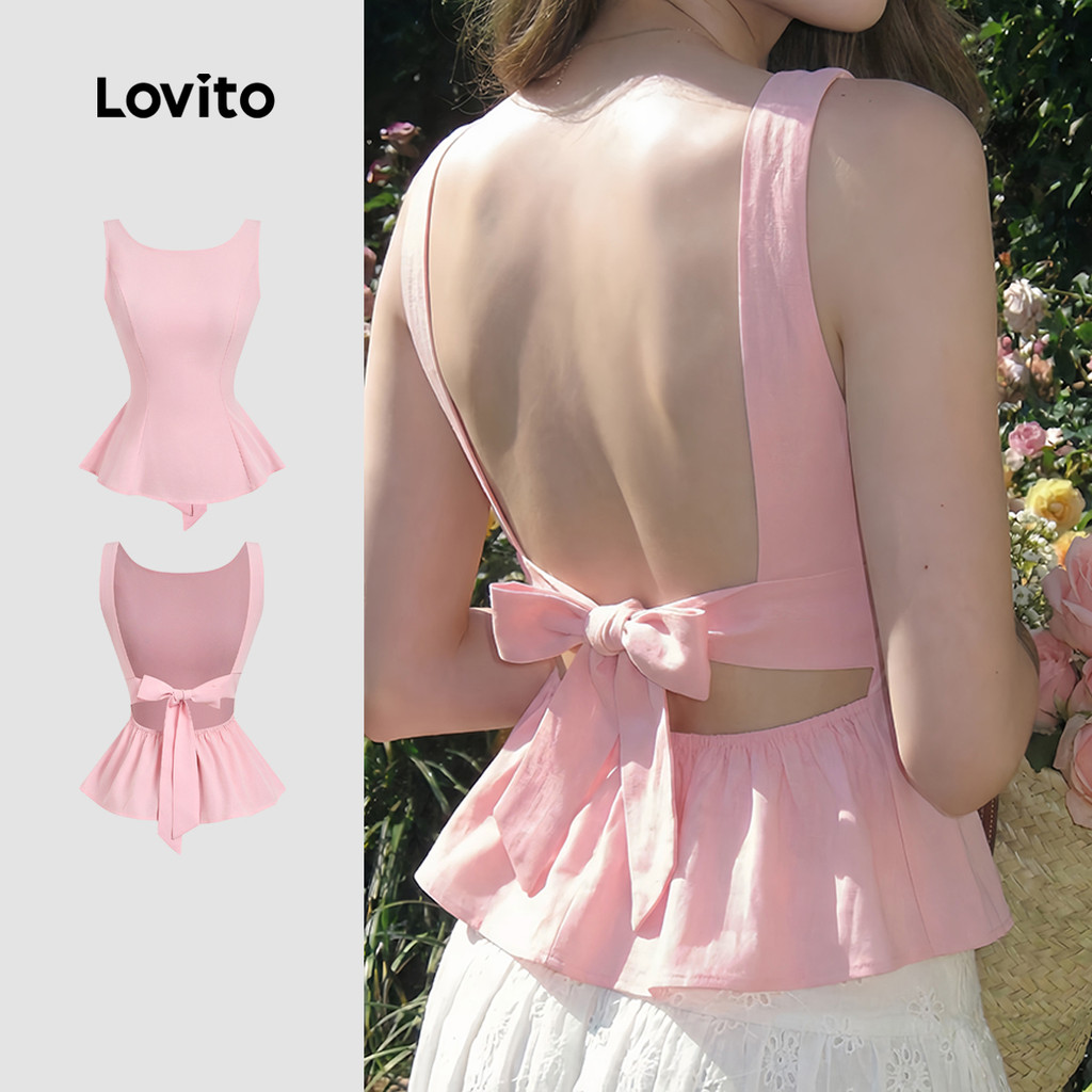 Lovito Top Casual com Amarração Nas Costas para Mulheres Primavera/verão rosa L1