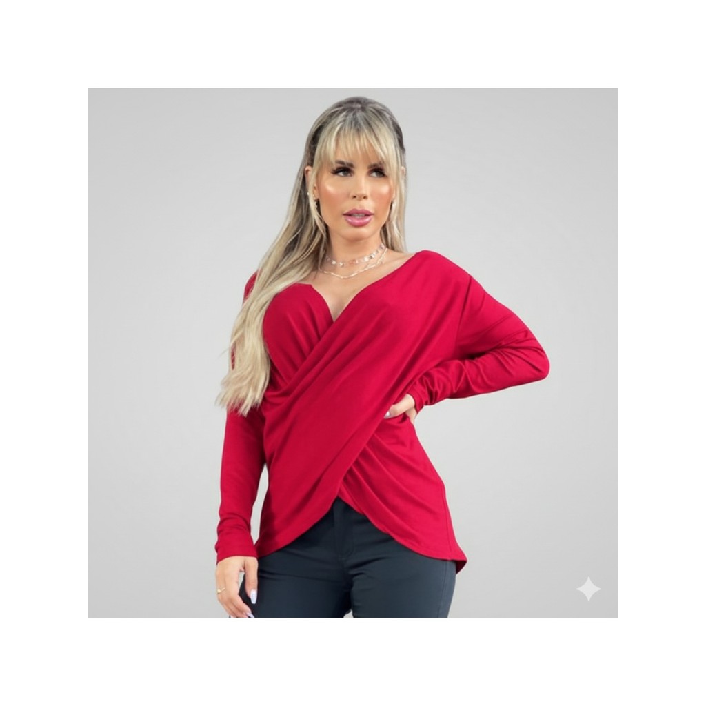 Blusa Feminina 2 em 1 Transpassada Viscolycra Decote V Manga Longa Dupla Face Moda Blogueira