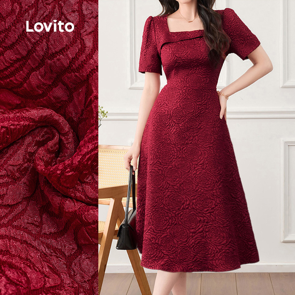 Lovito Vestido Elegante de Tecido Texturizado Primavera/verão Vestido Bordô para mulheres L165ED314 em Oferta na Shopee