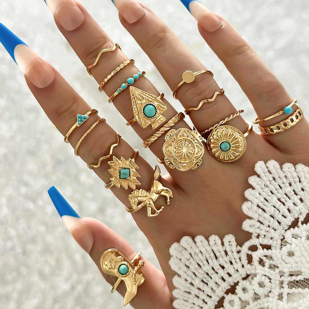 BLOSSOM Conjunto de 18 peças de anel conjunto de imitação de botas de cavalo turquesa flor gema padrão anel
