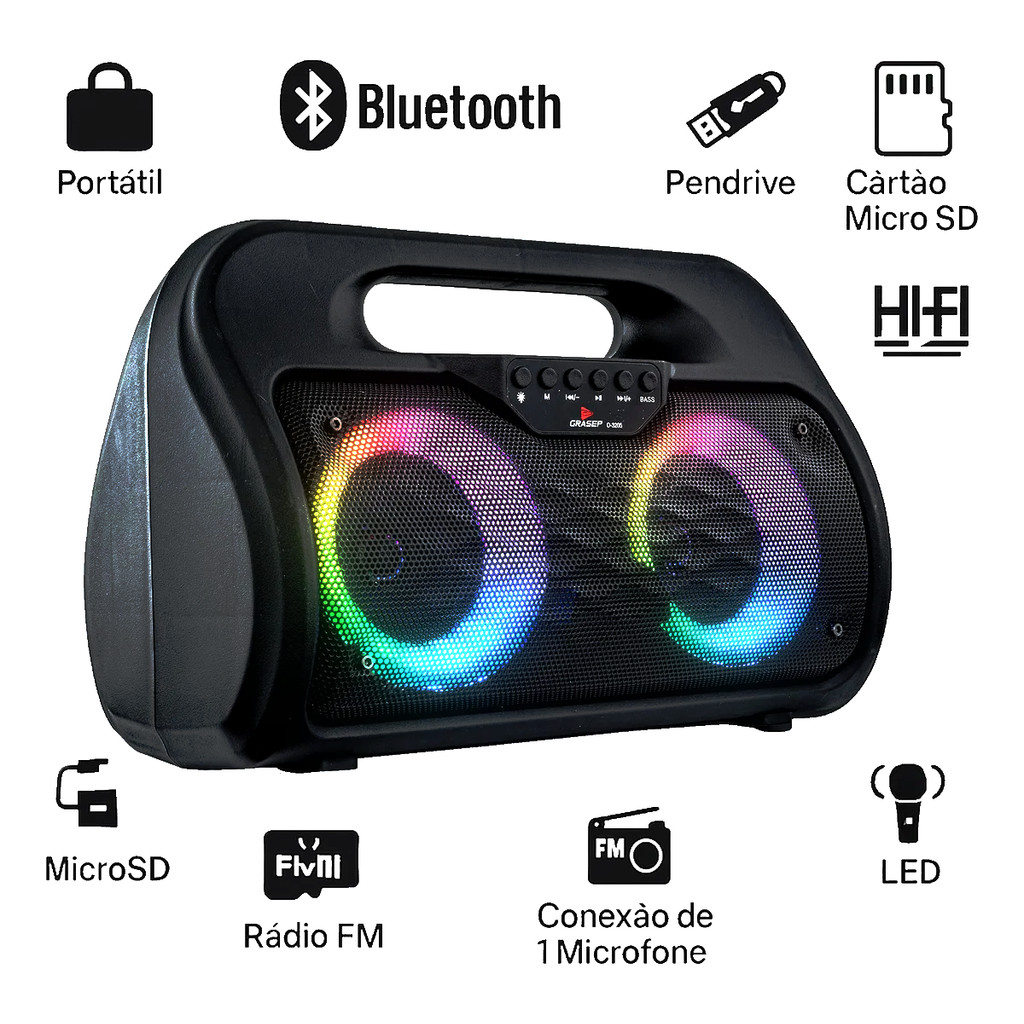 Caixa De Som Bluetooth Grasep D-3205 Portátil 20w Rms Led Rgb Rádio Fm Tws Microfone
