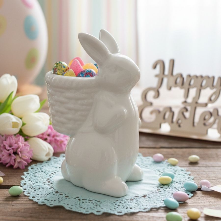 Enfeite Decorativo Páscoa em Cerâmica - Coelho com Cesta nas Costas - Branco - 13,8x6,2x9cm - 1 unidade - Rizzo em Oferta na Shopee