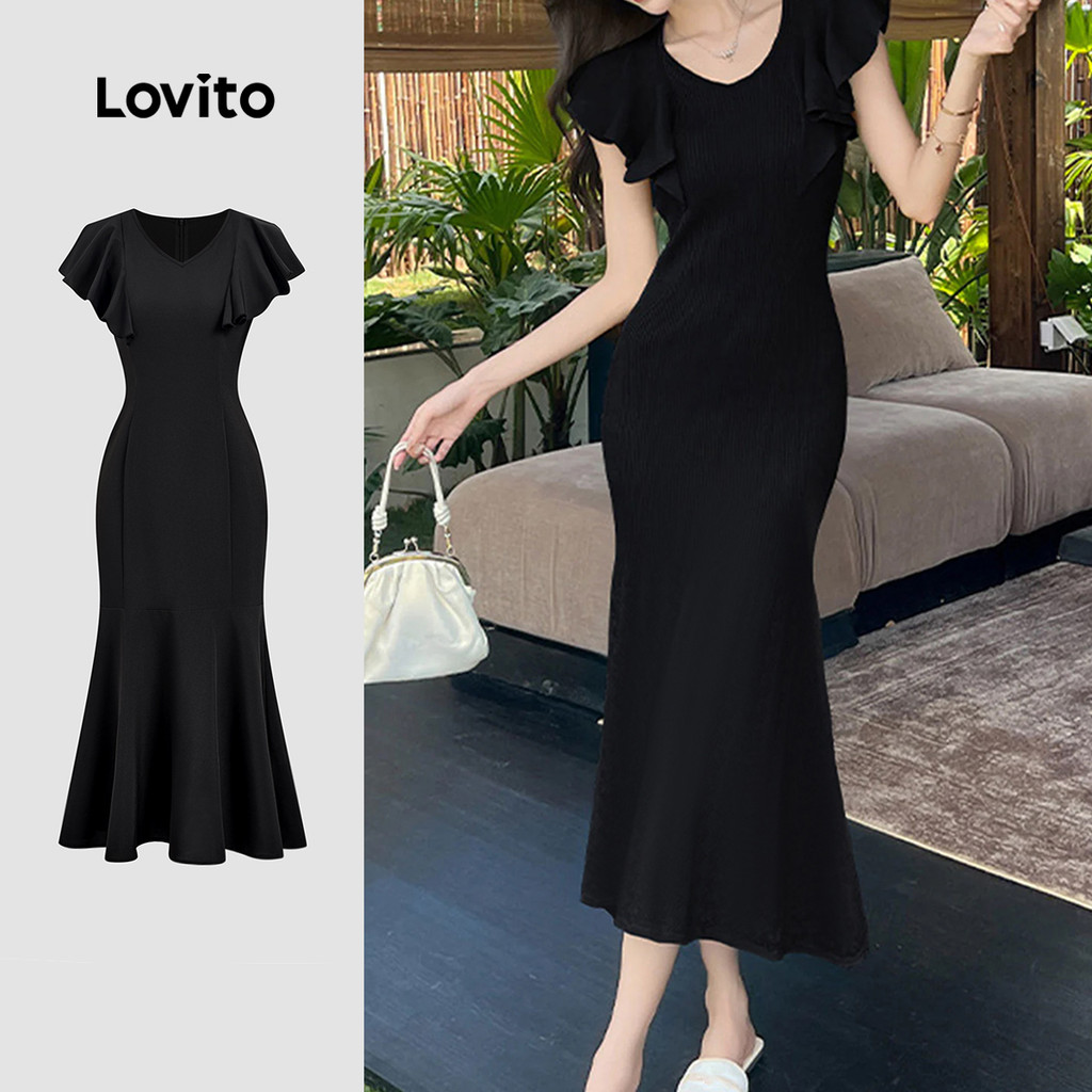 Lovito Vestido Elegante com Babados para Primavera/verão Preto para Mulheres L165ED726 em Oferta na Shopee