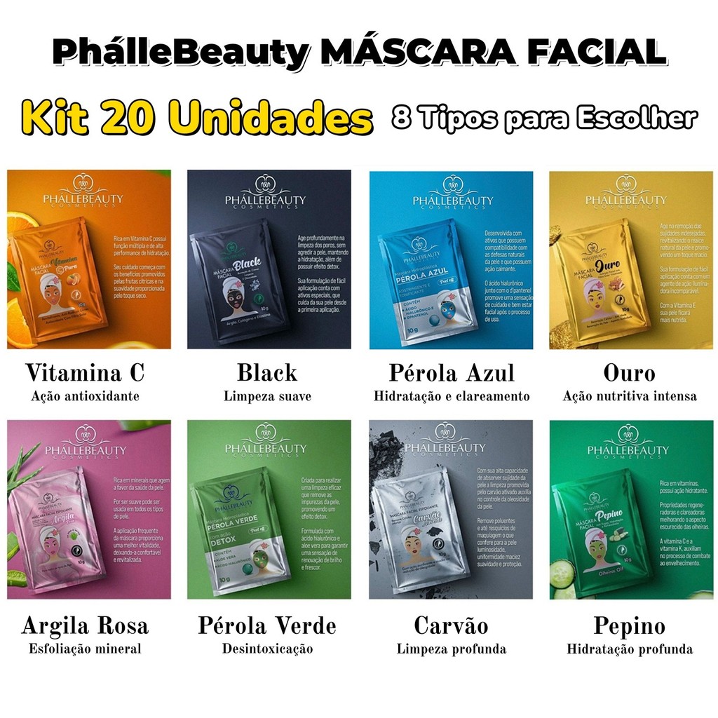 Kit 20 Máscara Facial PhálleBeauty | 8 Tipos para Escolher | Nutrição e Purificação