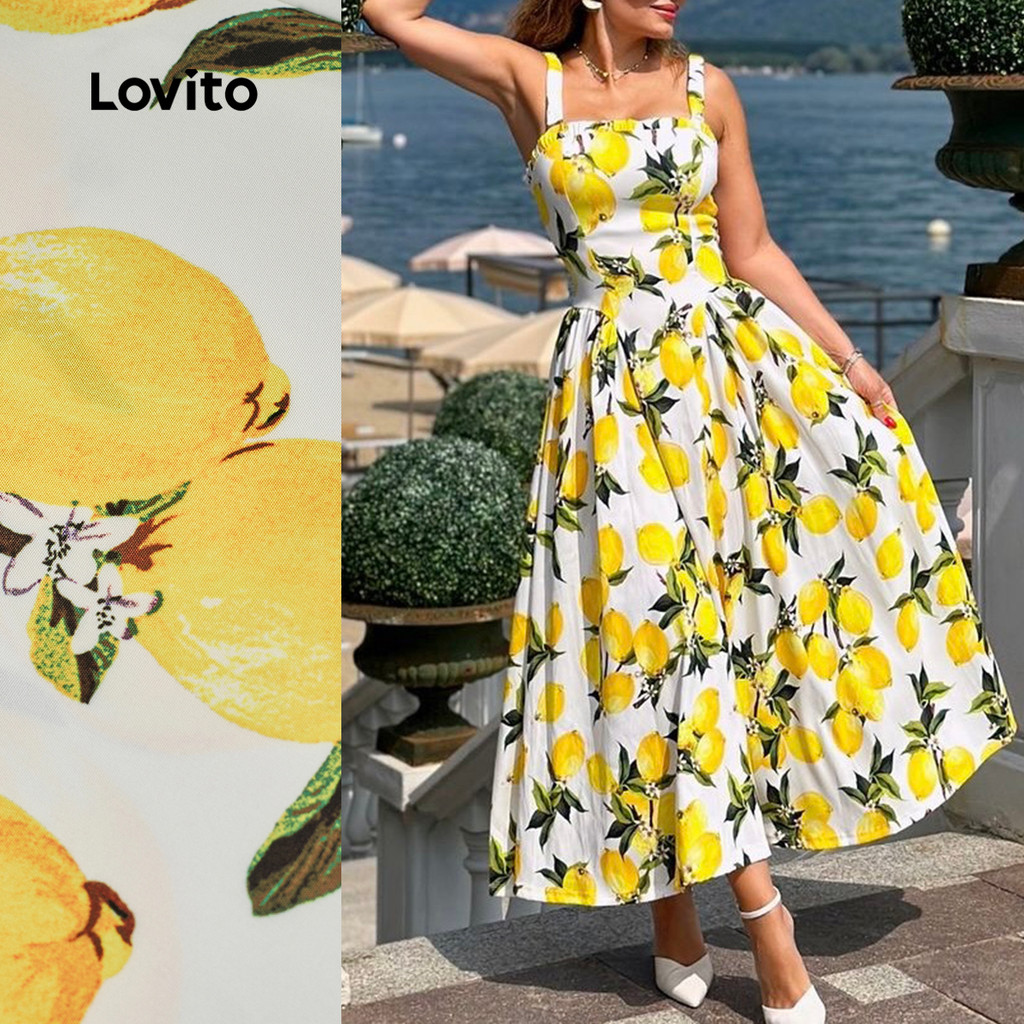 Lovito Vestido Longo Estampado Boho Borda Alface Zíper Estilo Resort Primavera/Verão para Mulheres LBL32030