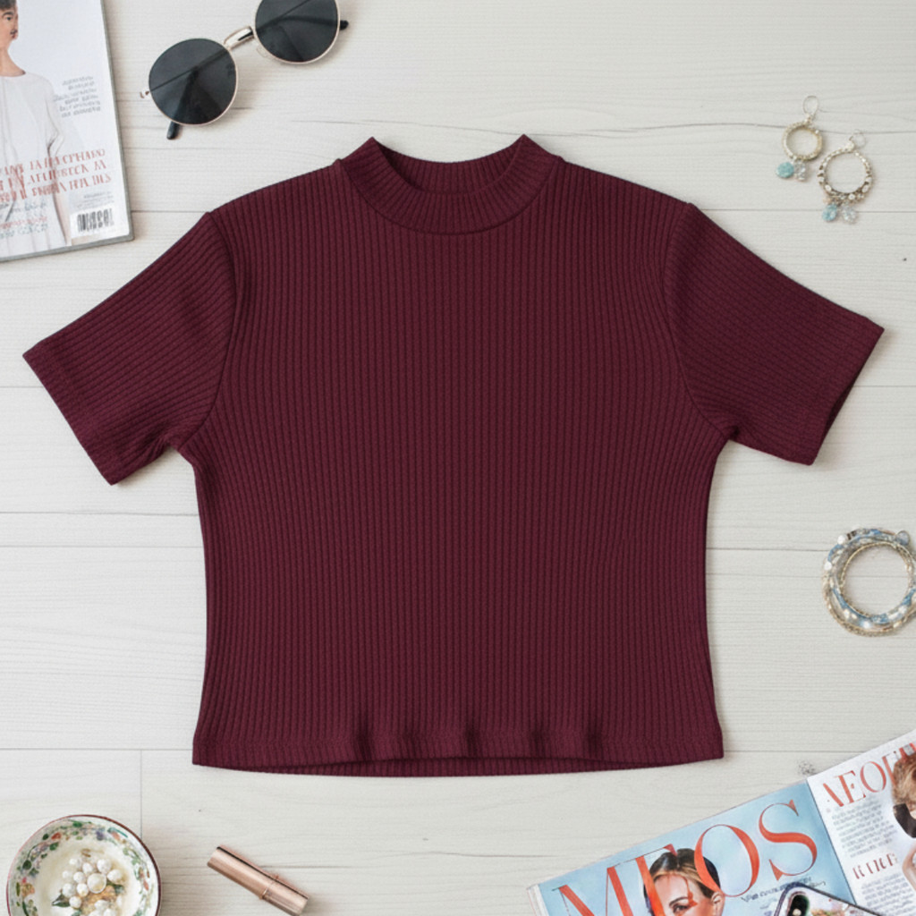 Cropped Canelado Blusa Feminina Manga Curta Gola Media Slim Premium Casual Moda Gringa Baby Look Blogueira Verão