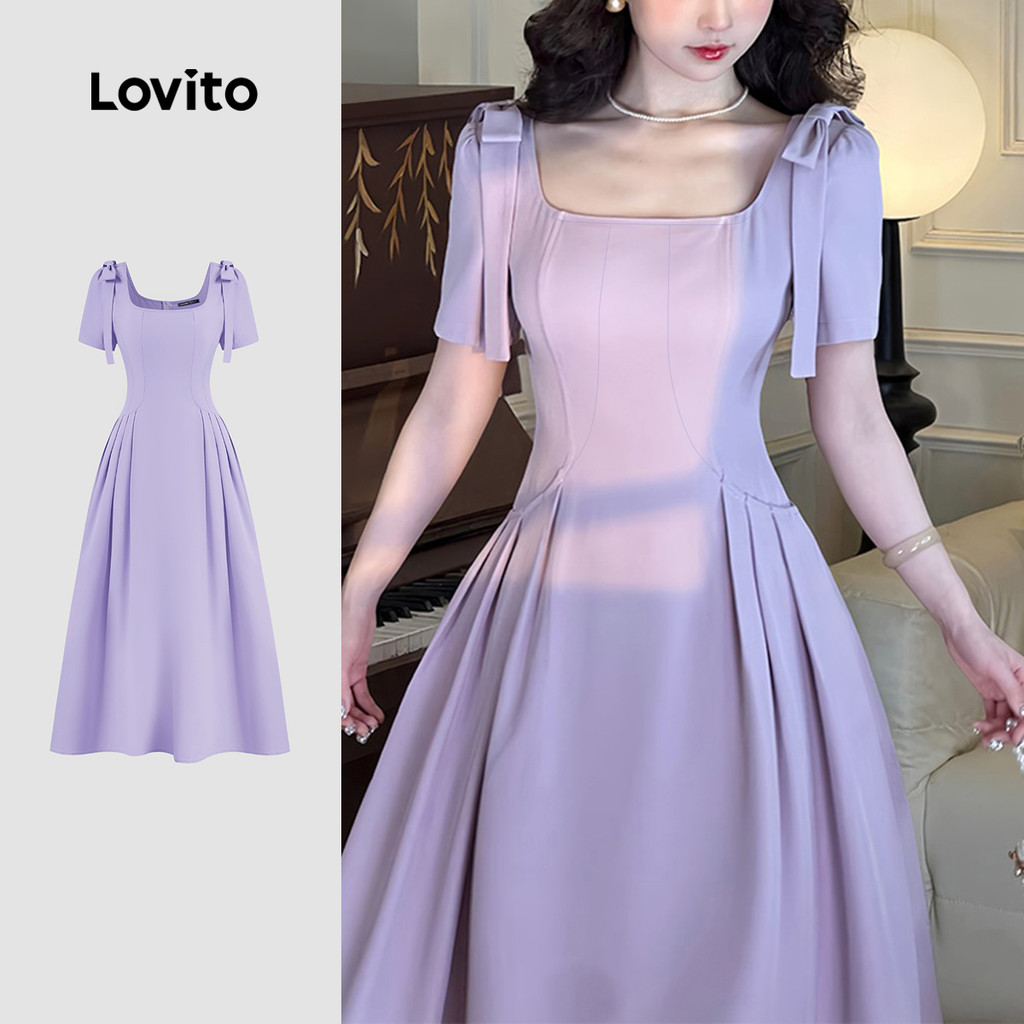 Lovito Vestido Casual Roxo Com Laço E Drapeado Para Primavera/verão L149ED201 em Oferta na Shopee