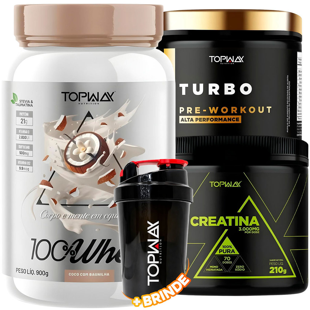 TopWay Suplemento Alimentar Whey Protein 900g + Creatina em Pó 210g + Pré Treino Workout Turbo 300g