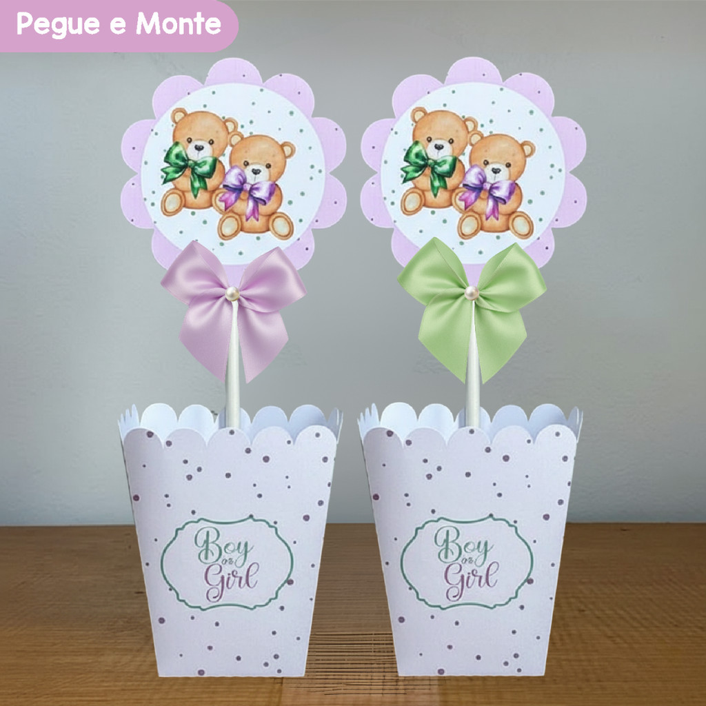 Centro de Mesa Cachepô Chá Revelação Verde e Lilás Ursinhos | Cachepot | Lembrancinhas | (Pegue e Monte)