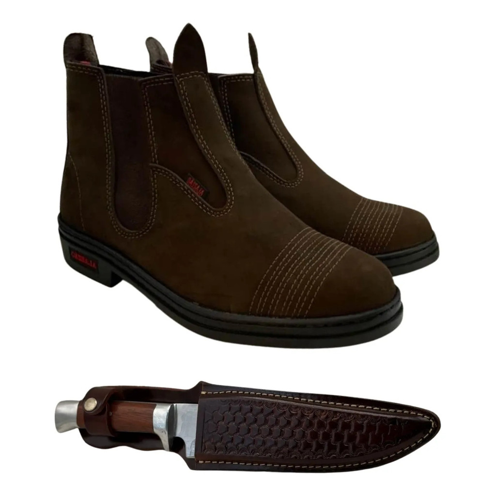 Kit Bota Masculina Couro Legitimo + Faca Artesanal Churrasco