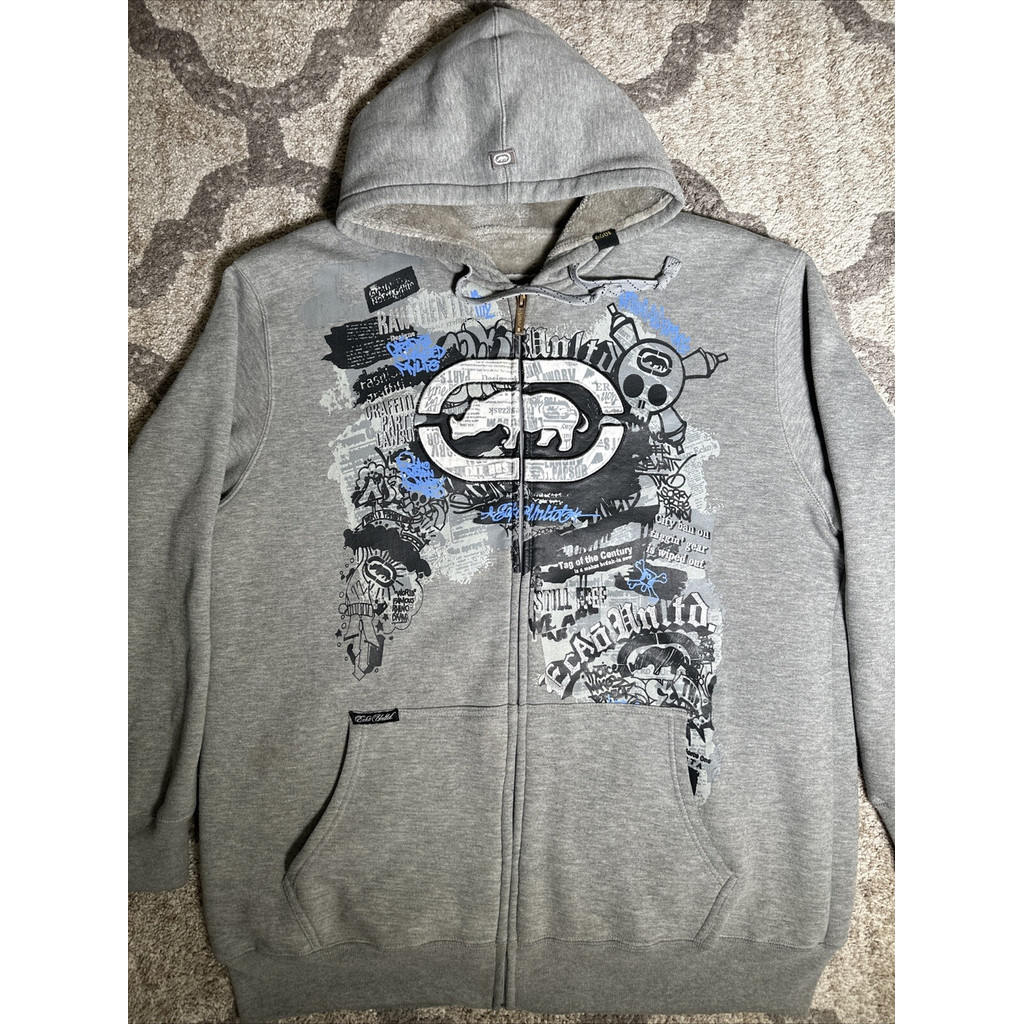 90s Ecko Vintage Y2K Streetwear ZipUp Moletom Carta Impressão Hip Hop Casual Pulôver Unissex