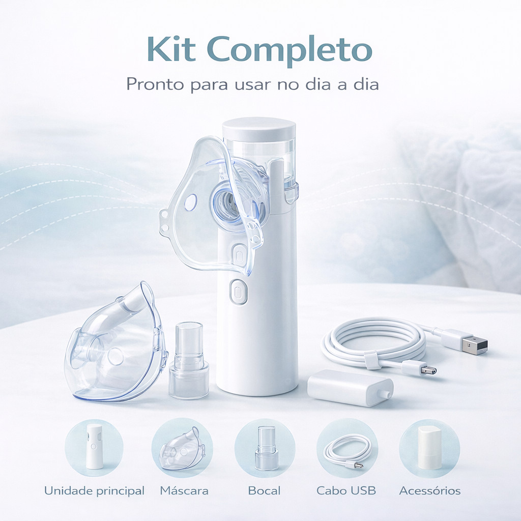 Nebulizador Mesh Inalador Ultra-sônico Automático Silencioso USB com Máscaras Adulto e Infantil