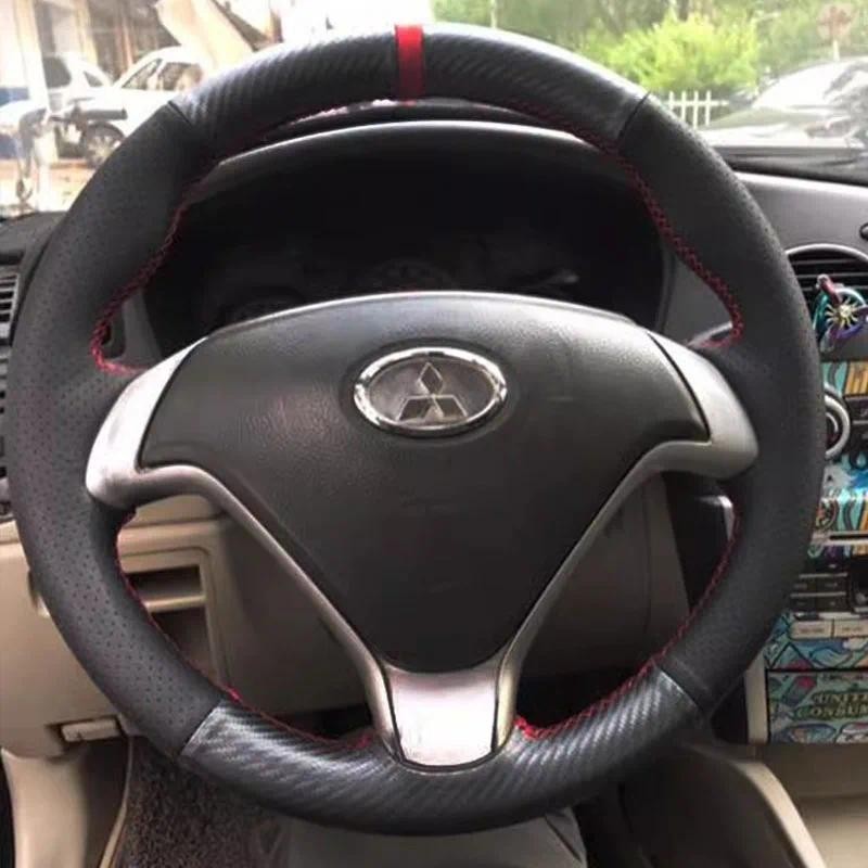 Para mitsubishi V3 Costurado À Mão Preto Fibra De Carbono Couro Genuíno Antiderrapante Capa De Volante Do Carro