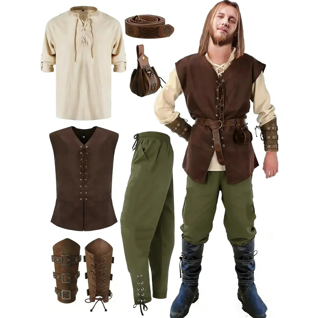 Conjunto De Fantasia Renascentista De Halloween Masculino , 6 Peças , Colete Medieval , Camisa , Calças Com Faixa No Tor
