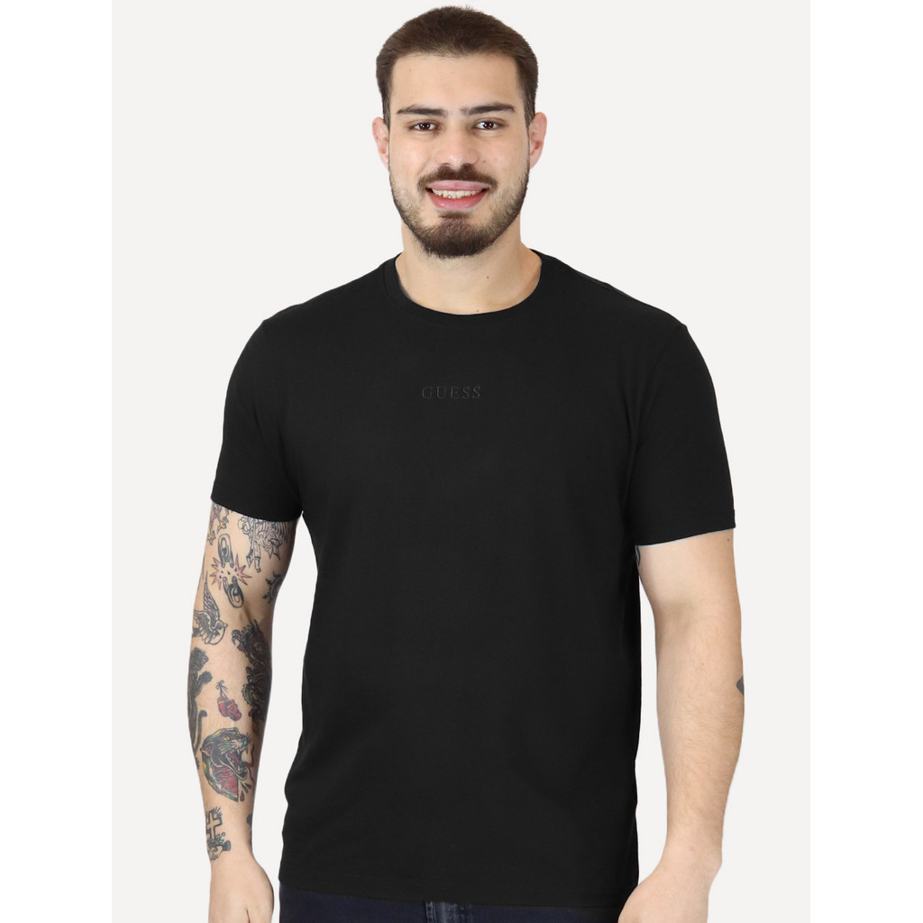 Camiseta Guess Original Masculina Logo Centro Bordado Preta