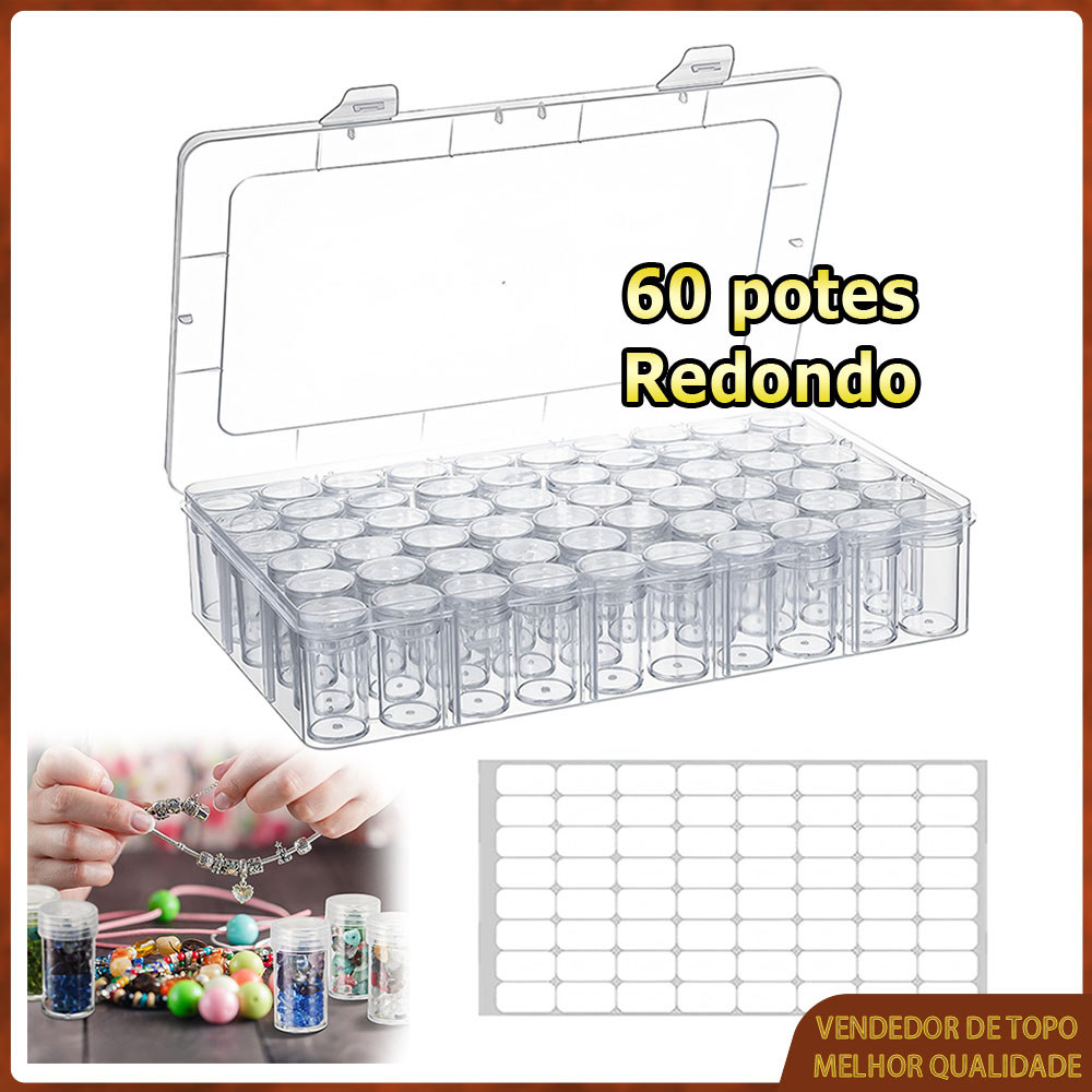 Caixa para guardar miçangas 60 potes redonda caixa de plástico transparente com tampa caixa decorada com strass