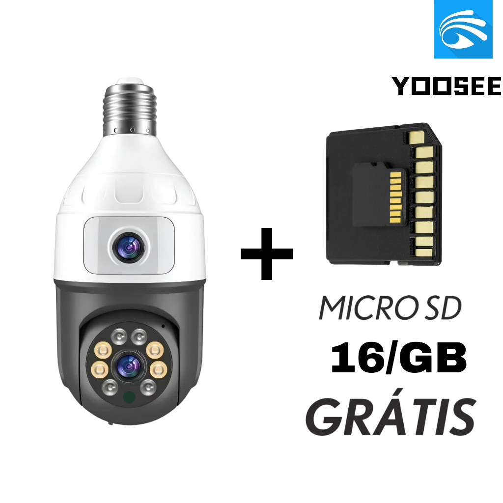 Câmera Inteligente Lâmpada Wifi Dual Lens 360 Zoom + Cartão Micro SD 16GB