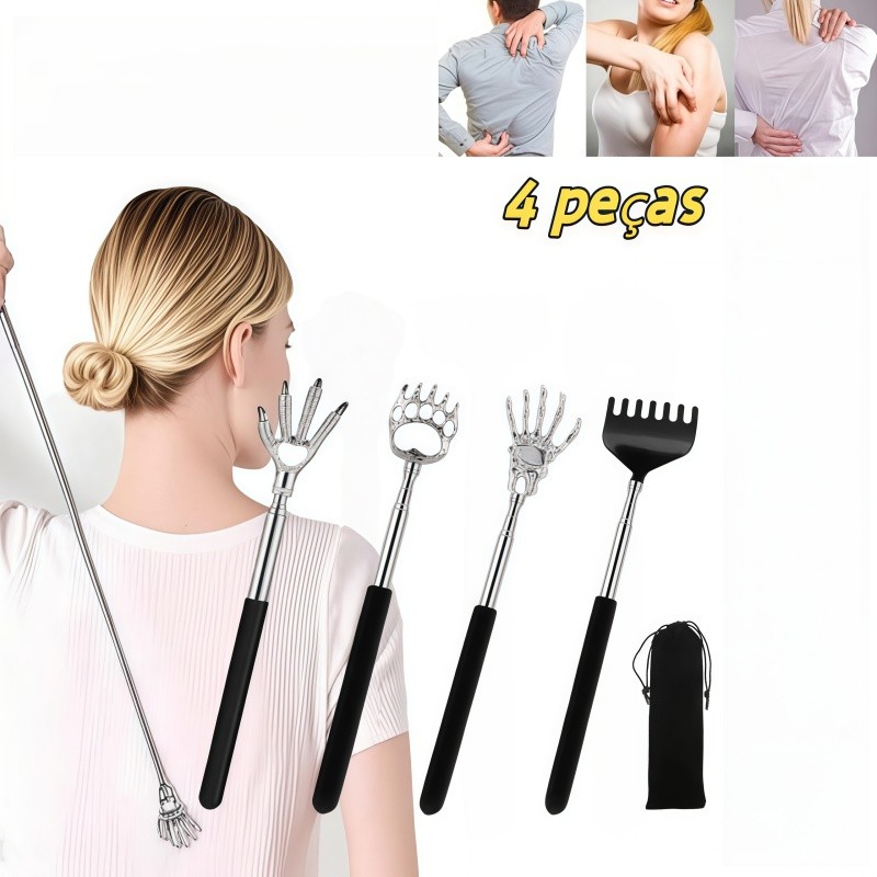 Kit 4 Cocador de Costas Telescopico Coçador Metal Estensivel Mao Fantasma Garra Urso Massageador Portatil com Bolsa