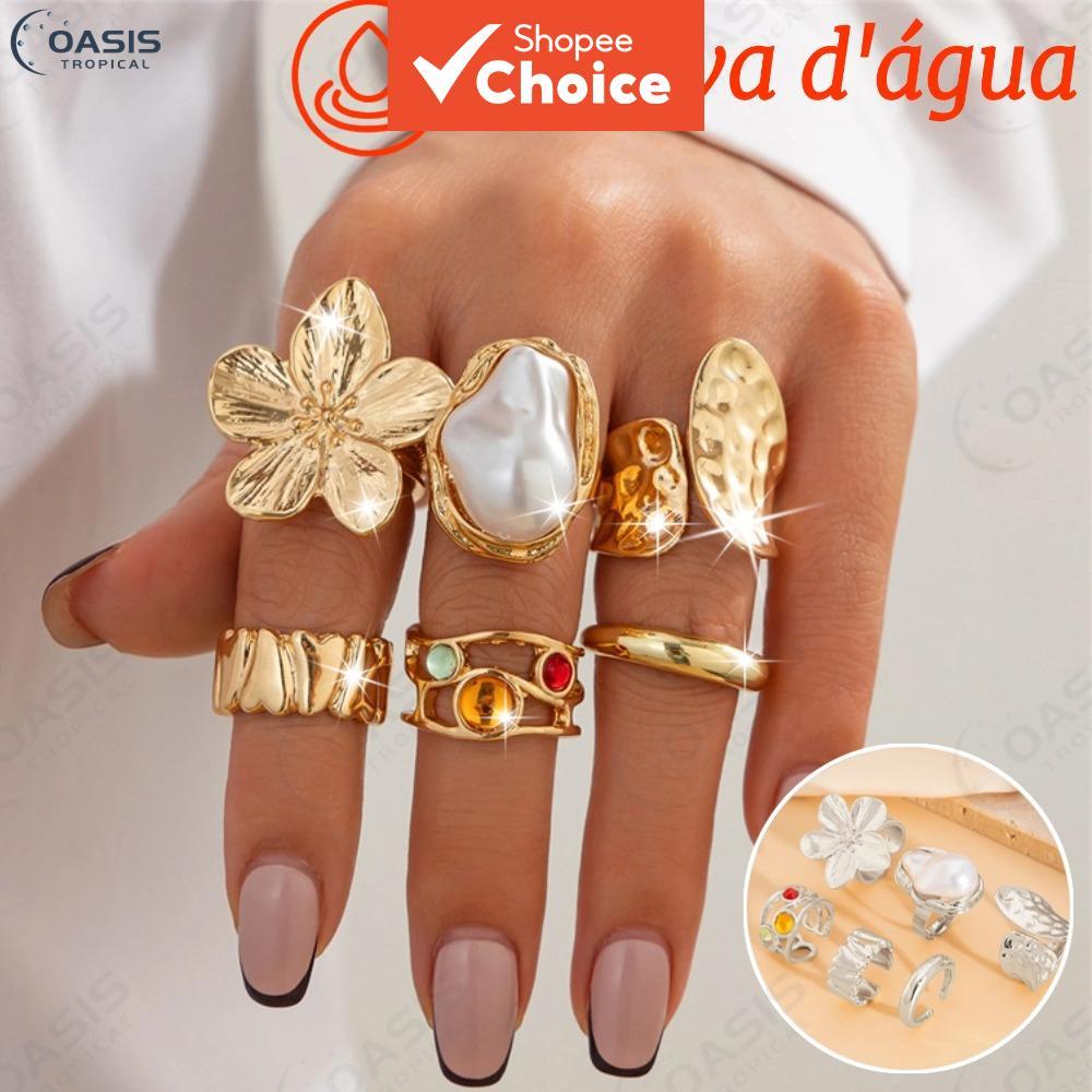 Conjunto De Anel De Pérola Floral Exclusivo Da Moda 6 Peças Para Mulheres Elegante Presente Diário Empilhável