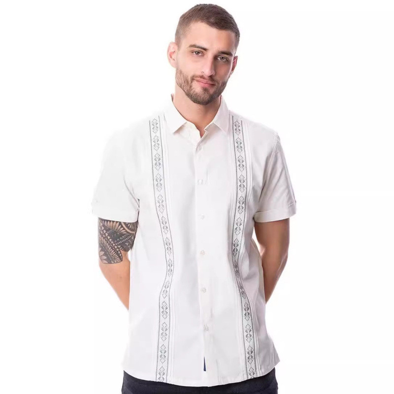 2024 Camisa masculina bordada com lapela de manga comprida Henry cor sólida solta Casual camisa masculina com desconto d