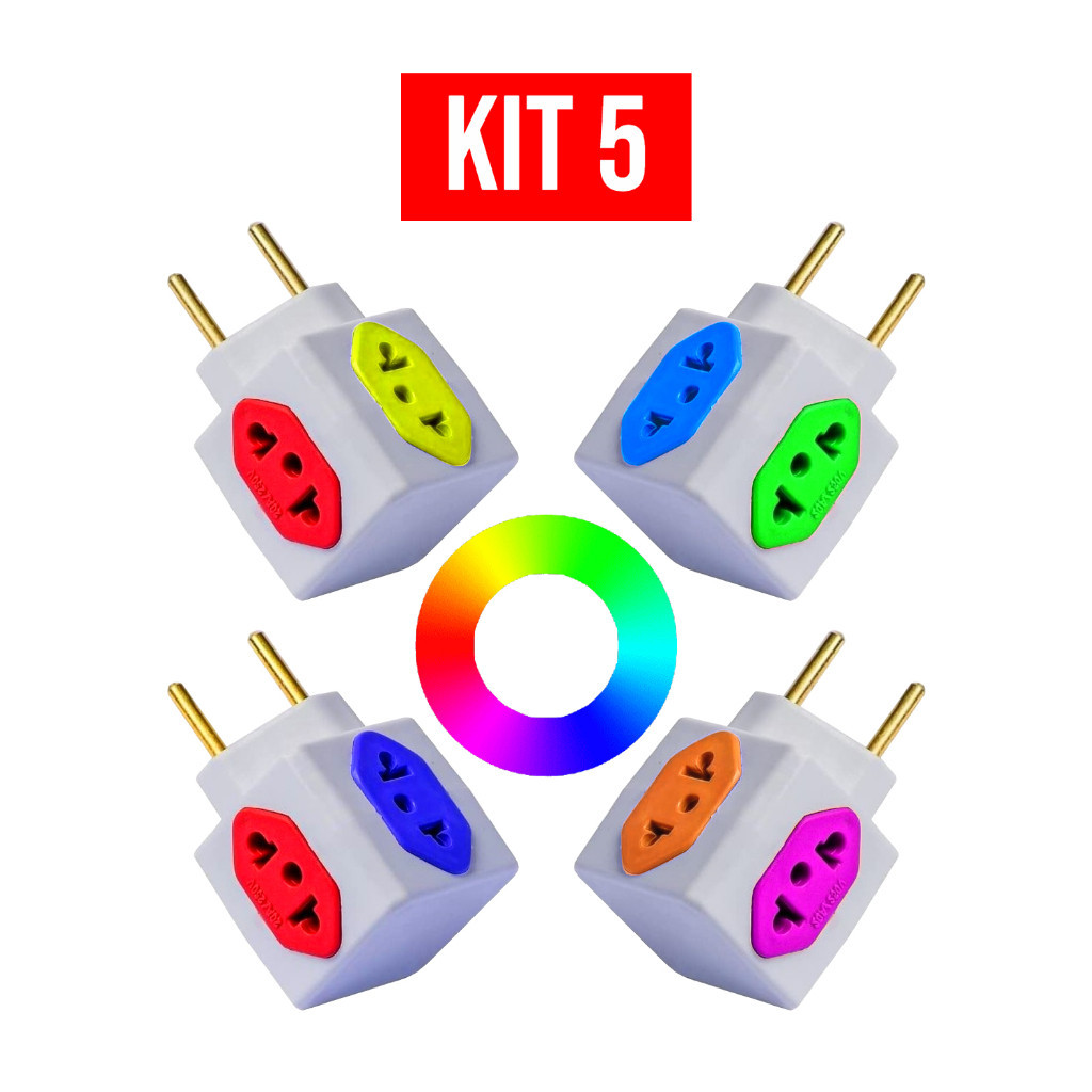KIT 05 Adaptador de Tomada Benjamin Cubo Colorido 3D 4 Entradas 10A e 20A