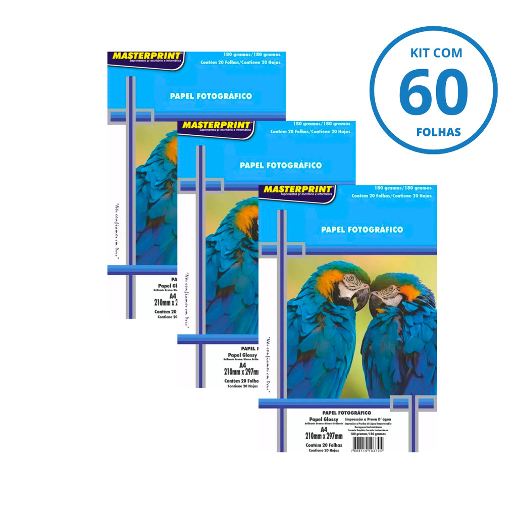 Kit 60 Folhas de Papel Fotográfico A4 Sem adesivo 180g Brilhante-3 Pacotes c/ 20