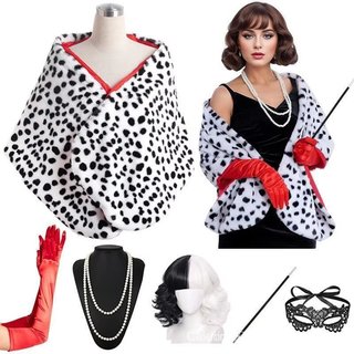Fantasia Feminina de Cruella Deville com Xale Estampado de Dálmatas, Cachecol Preto e Branco, Fantasia de Halloween para