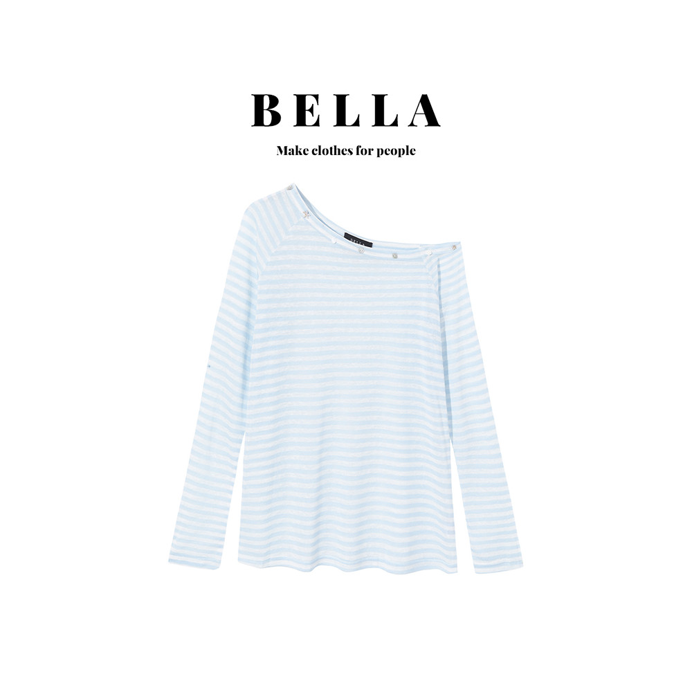 BELLA Azul listrado estilo fino protetor solar ombro oblíquo manga comprida camiseta feminina verão estilo preguiçoso bl