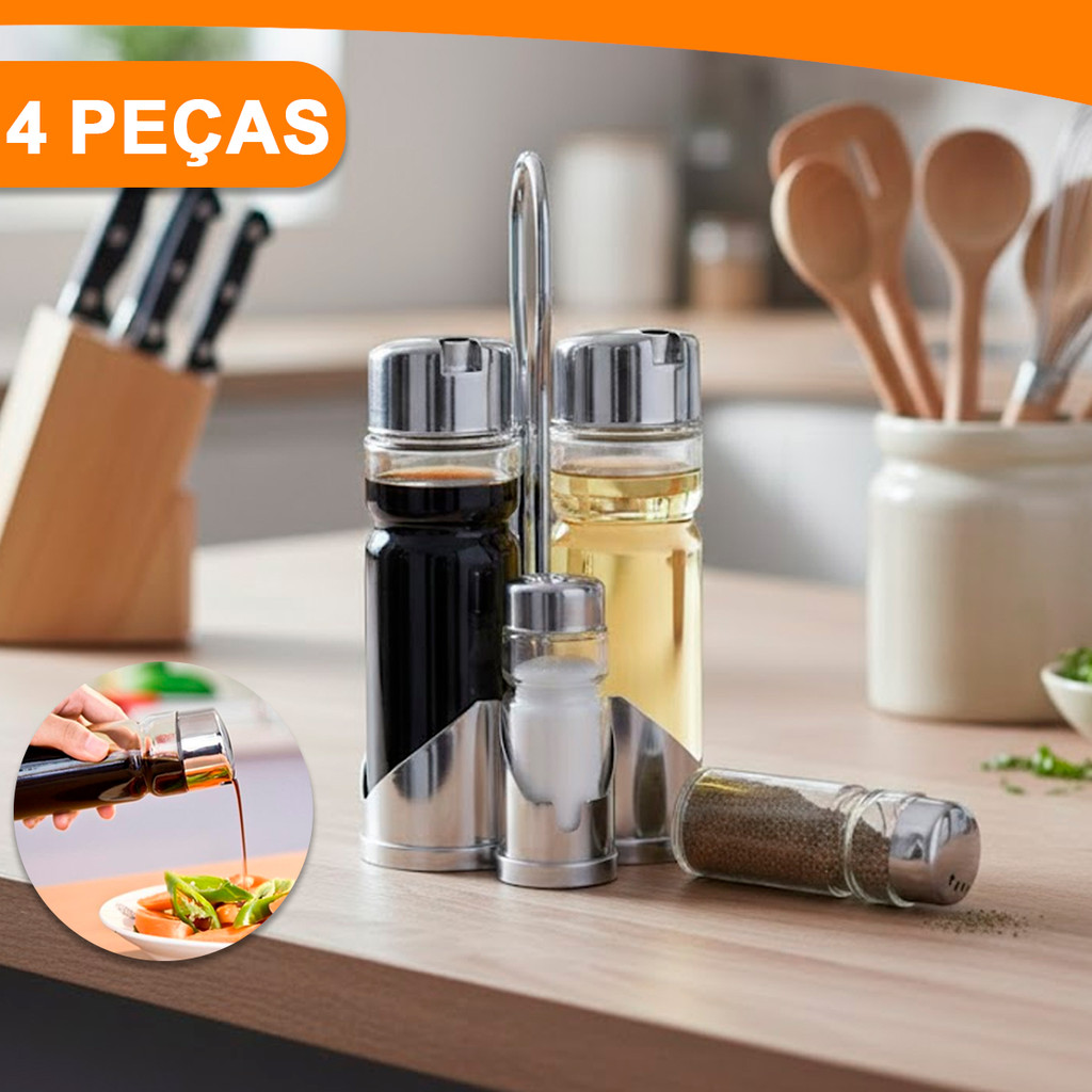 Kit Galheteiro de Vidro 4 Peças Azeite Sal Vinagre Jogo Saleiro porta tempero Dosador 160ml
