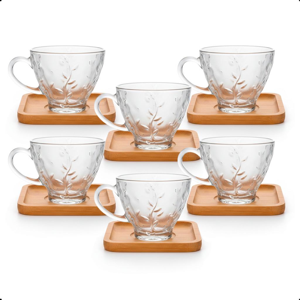 Conjunto 6 Xícaras Vidro Lily 220ml com Descanso em Bambu - Chá, Café, Elegante, Mesa, Cozinha