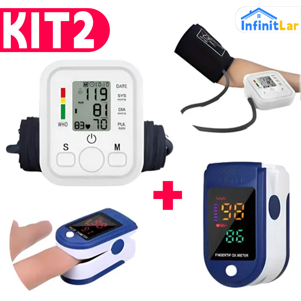 Kit Medição de Saúde: Oxímetro de Dedo Digital + Monitor de Pressão Arterial Automático de Braço