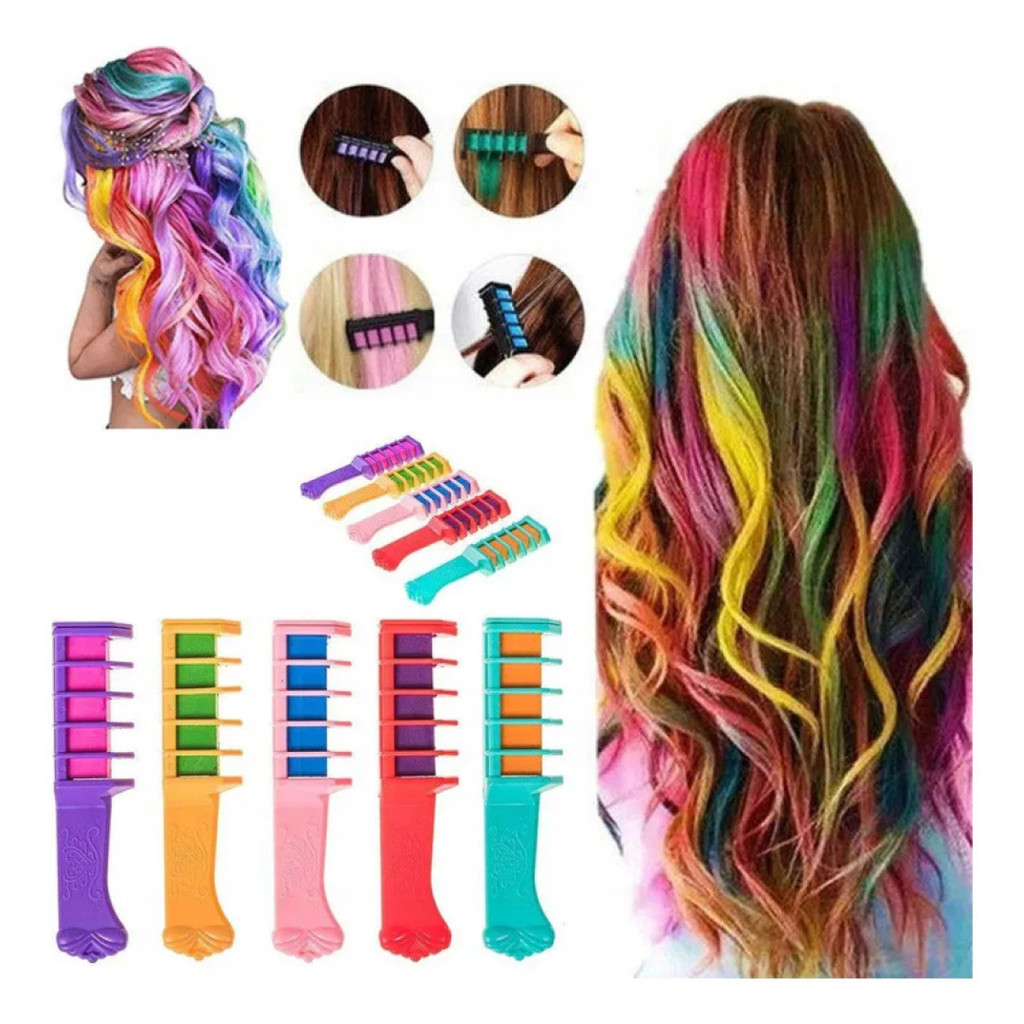 Kit 5 Pentes Giz Para Pintar Cabelo Infantil Criatividade Diversão Meninas Escola Festas Carnaval